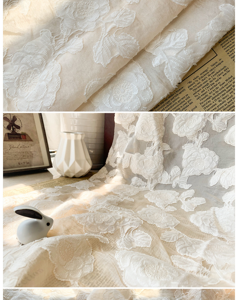 欧根纱浮雕提花纱剪花纱面料挺括蓬蓬裙连衣裙衬衣布料春夏花朵详情10