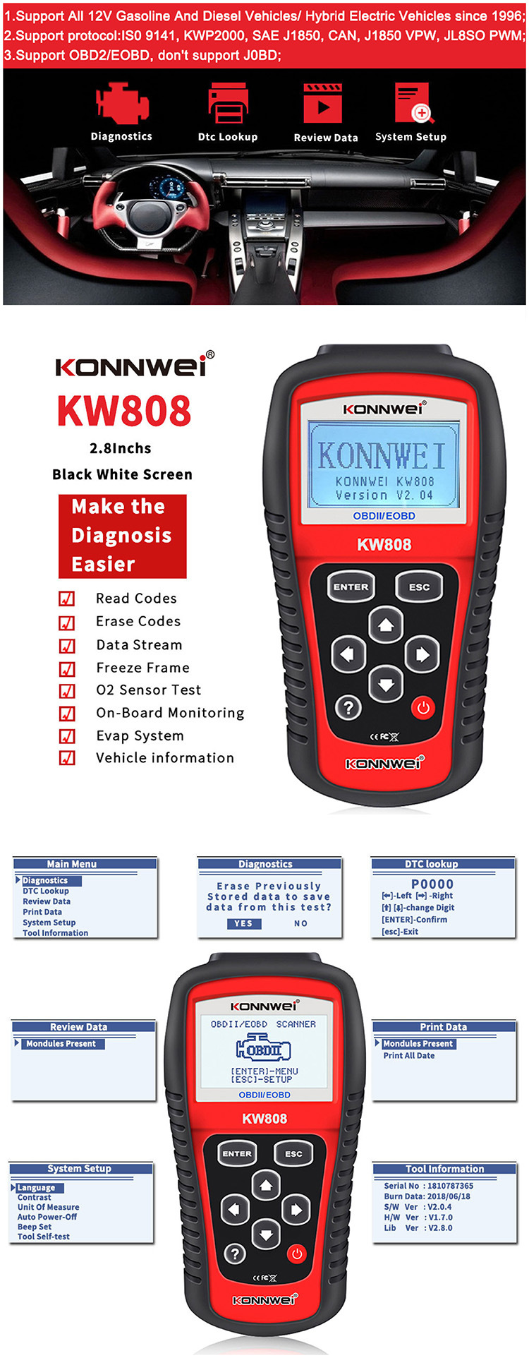 The same model as MS509, KW808OBD2 EOBD SCANNER TOOL automotive fault scanner diagnostic instrument pic 1