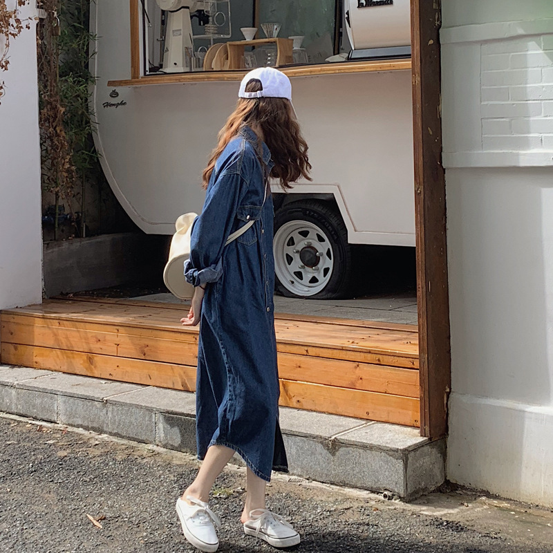 Real photos of homemade long-sleeved denim dress with a design sense, a Korean version slimming dress for women in stock pic 17