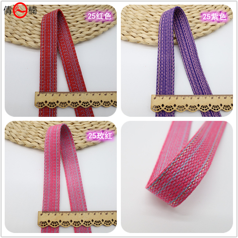 Factory direct supply of 33mm 25mm mixed linen gold and silver thread polyester-cotton woven straps for DIY handicrafts of bags, shoes, hats, belts and decorations pic 2