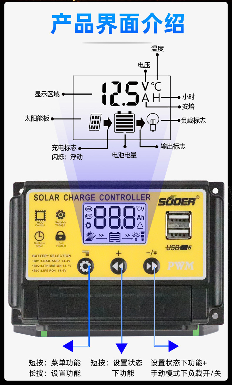 SUOER inverter cross-border solar controller 12v24V street lamp photovoltaic power generation controller for household use pic 6