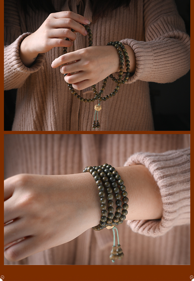 Green sandalwood bracelet, 108-bead Buddhist prayer beads bracelet, boxwood lotus multi-loop necklace for couples, and prayer beads pic 12