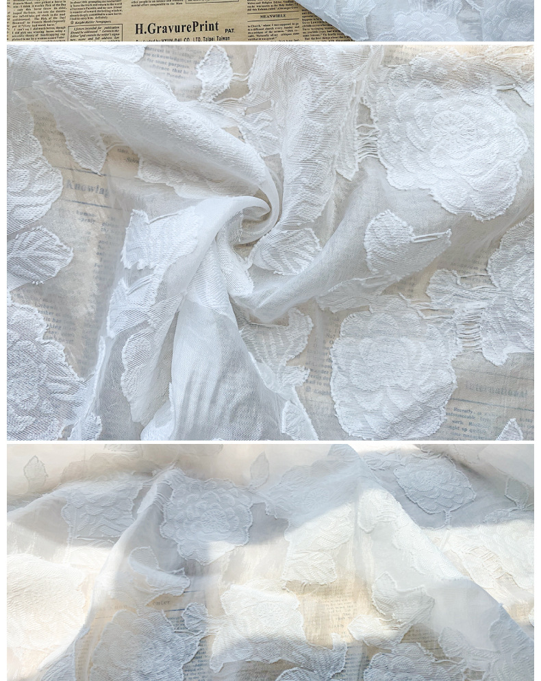 欧根纱浮雕提花纱剪花纱面料挺括蓬蓬裙连衣裙衬衣布料春夏花朵详情15