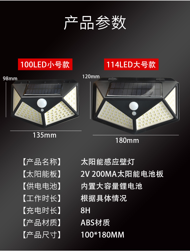 100LED太阳能灯人体感应灯壁灯户外防水花园庭院灯墙壁灯照明路灯详情4