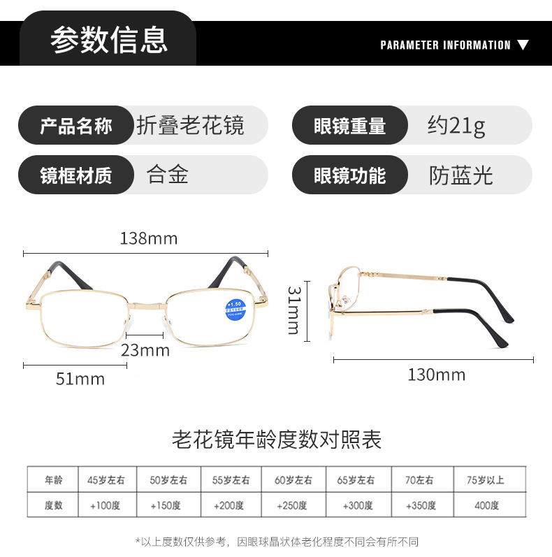 男女士金属全框折叠防蓝光老花镜老视镜便携带盒眼镜老光镜可挂腰详情7