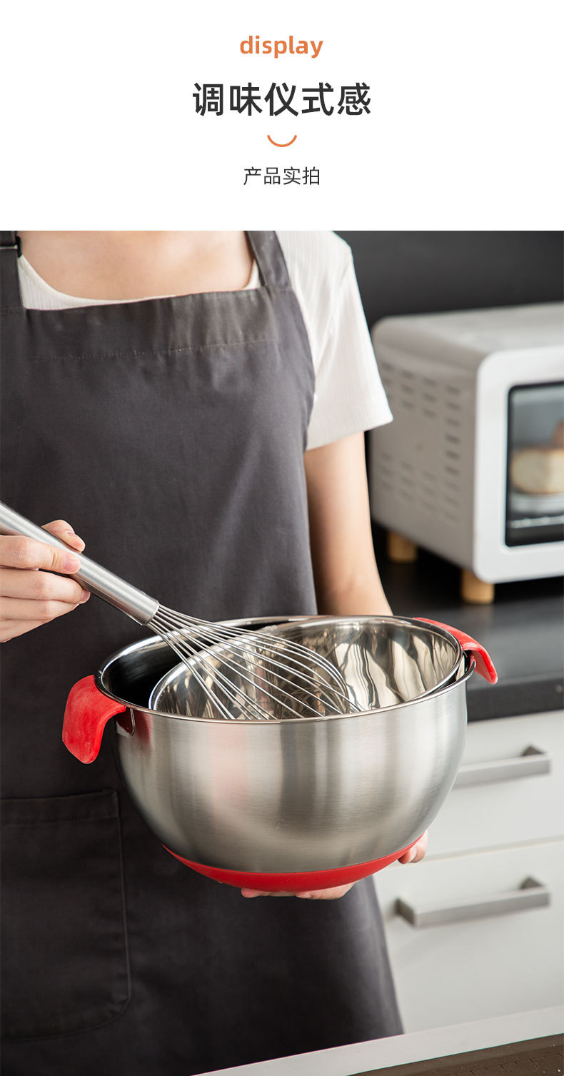 Factory direct sales: 304 stainless steel salad bowl, anti-slip silicone bottom, egg beater bowl, mixing bowl with handle pic 20