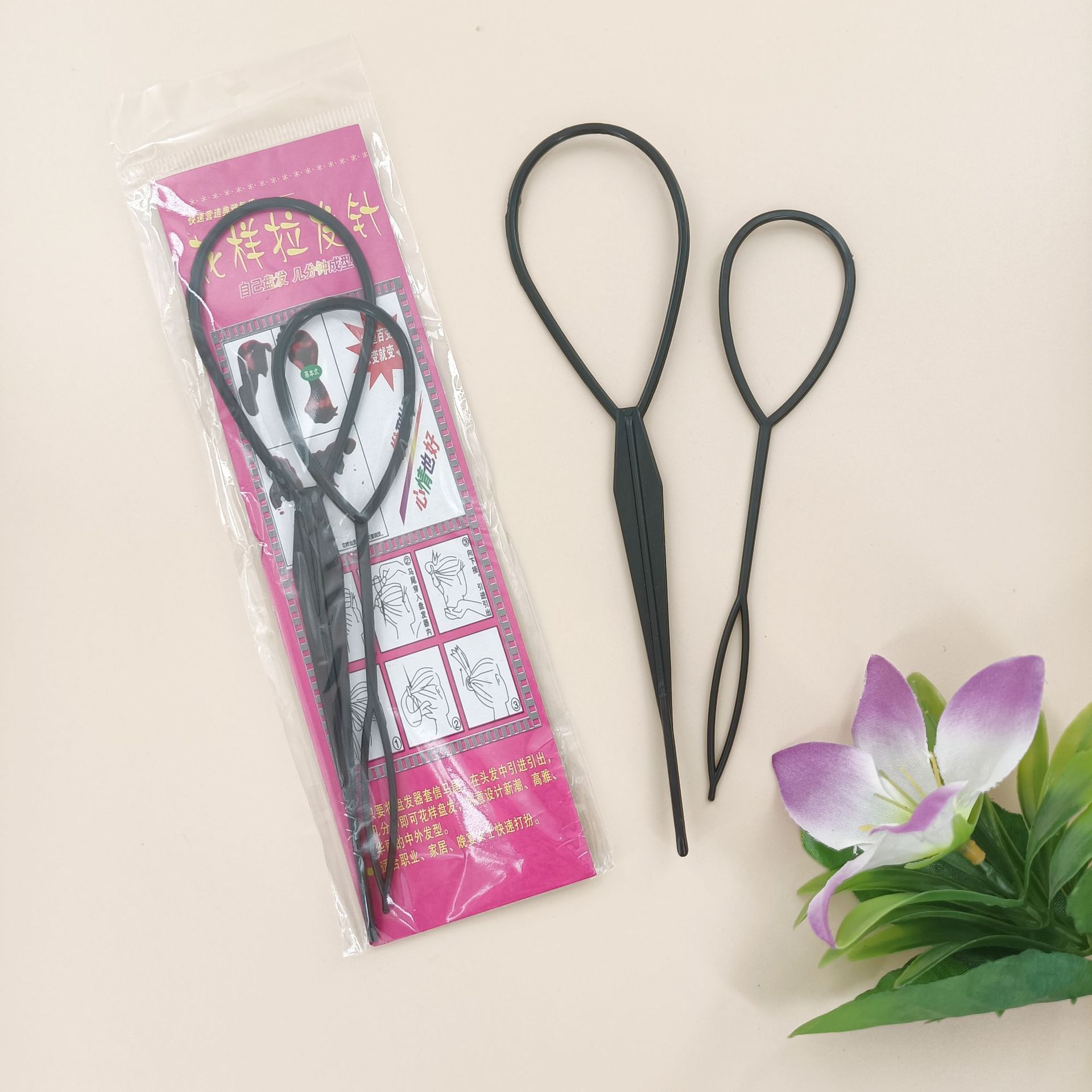 【 Zone 3-10 】 Black 2-piece hair braid set 100/ pack 3200/ box Black hair puller and braid for adults and children Simple braid, hair tying and threading rod set, decorative hair threading needle and hair braid for foreign trade pic 2