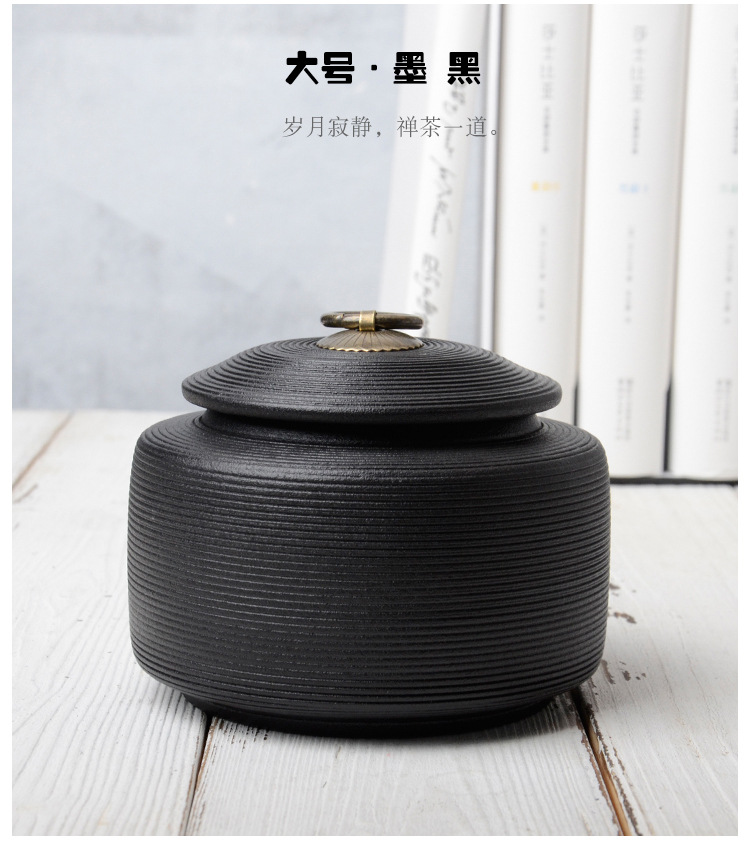 复古粗陶密封罐拉丝无釉醒茶罐防潮普洱茶仓大小号粗陶铜扣茶叶罐详情24