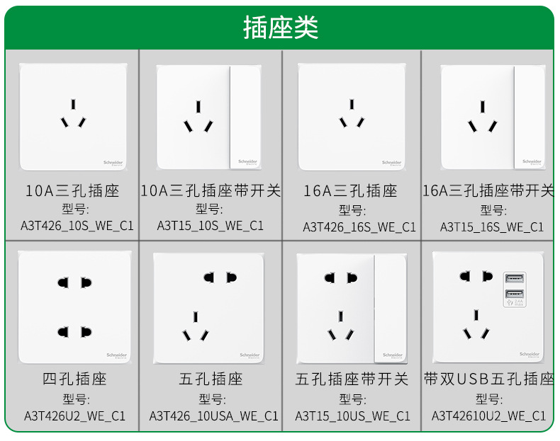 施耐德插座面板皓呈奶油白10A五孔开关新国标usb批发家用墙壁86型详情17
