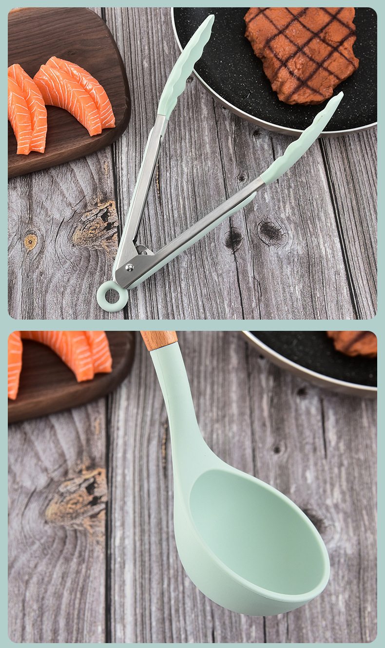 亚马逊烹饪不粘锅收纳桶木柄硅胶厨具12件套硅胶厨房用具铲勺套装详情11