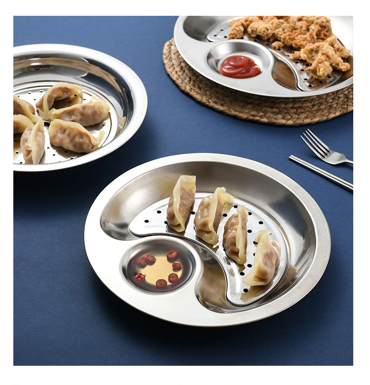 Thickened non-magnetic stainless steel dumpling plate, double-layer with vinegar dish, draining and oil-draining dumpling plate, household steamer plate, fast food restaurant pic 15