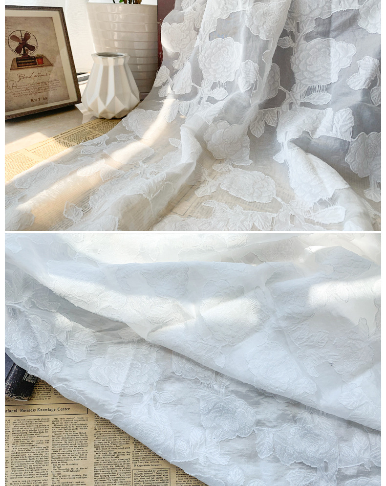 欧根纱浮雕提花纱剪花纱面料挺括蓬蓬裙连衣裙衬衣布料春夏花朵详情14