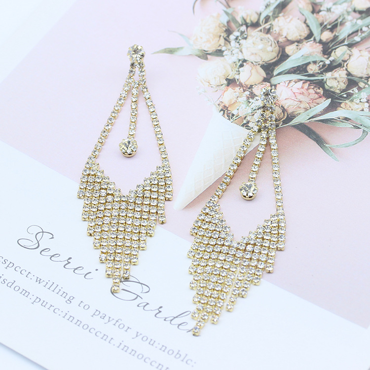S925银针耳饰欧美时尚镶满钻耳坠简约复古水滴耳钉长款流苏耳环详情11