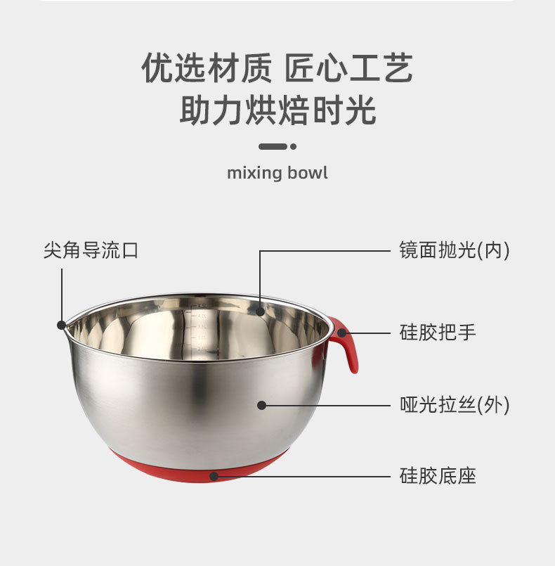 Factory direct sales: 304 stainless steel salad bowl, anti-slip silicone bottom, egg beater bowl, mixing bowl with handle pic 5