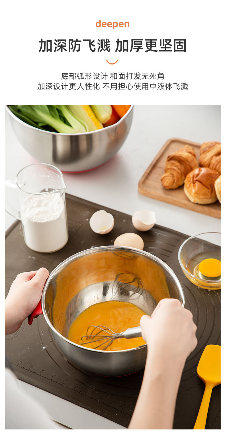 Factory direct sales: 304 stainless steel salad bowl, anti-slip silicone bottom, egg beater bowl, mixing bowl with handle pic 7