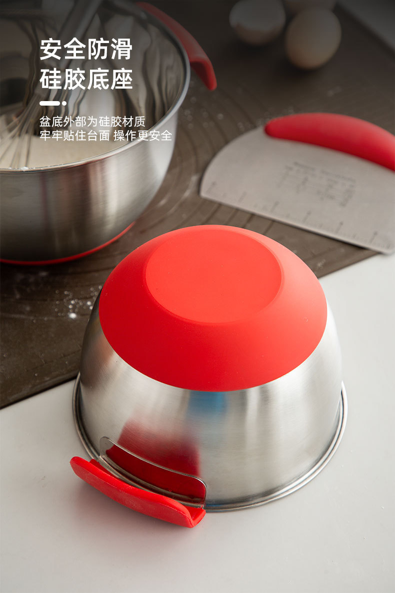 Factory direct sales: 304 stainless steel salad bowl, anti-slip silicone bottom, egg beater bowl, mixing bowl with handle pic 10