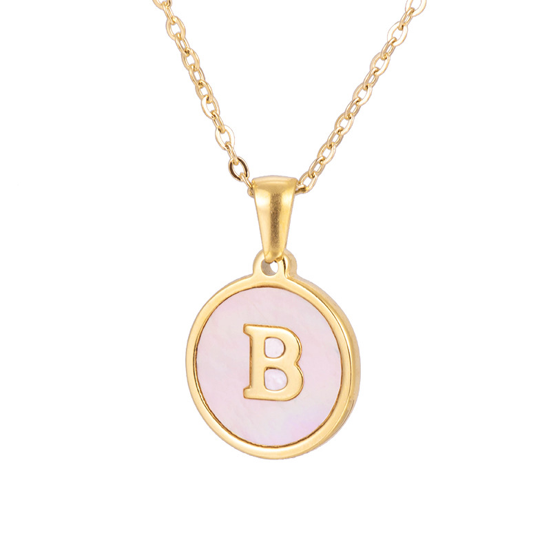 ins Cross-border European and American 18k round pink shell stainless steel letter pendant, foreign trade titanium steel letter necklace for women pic 12