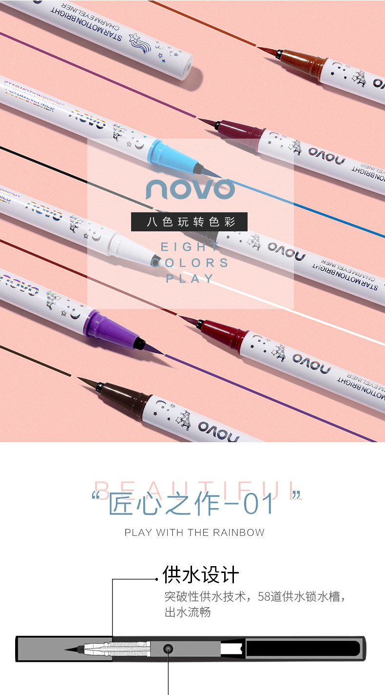NOVO Makeup Colored eyeliner pen for beginners, extremely fine, waterproof, non-smudging, long-lasting eyeliner liquid pen with soft bristles pic 5