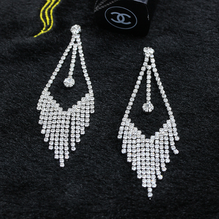 S925银针耳饰欧美时尚镶满钻耳坠简约复古水滴耳钉长款流苏耳环详情12
