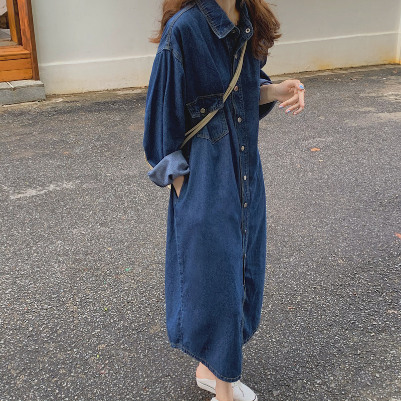 Real photos of homemade long-sleeved denim dress with a design sense, a Korean version slimming dress for women in stock pic 2