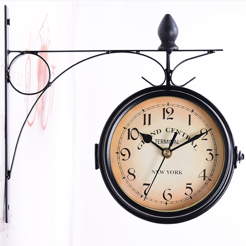 European-style home creative clock, ironwork pendant, wall clock manufacturer wholesale, retro decorative living room clock, double-sided wall clock pic 1