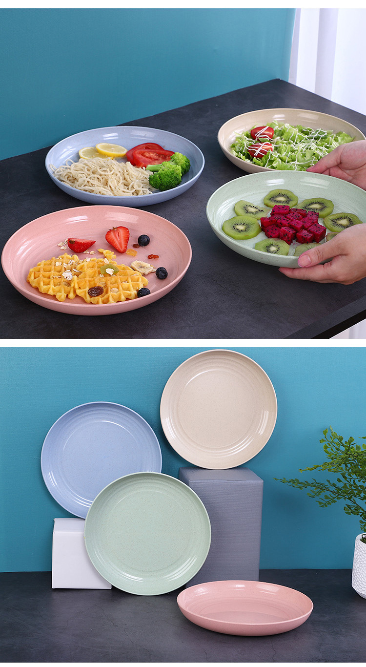 Wheat straw round vegetable plate, large household serving plate, durable snack plastic plate, promotional gift with logo printing pic 8