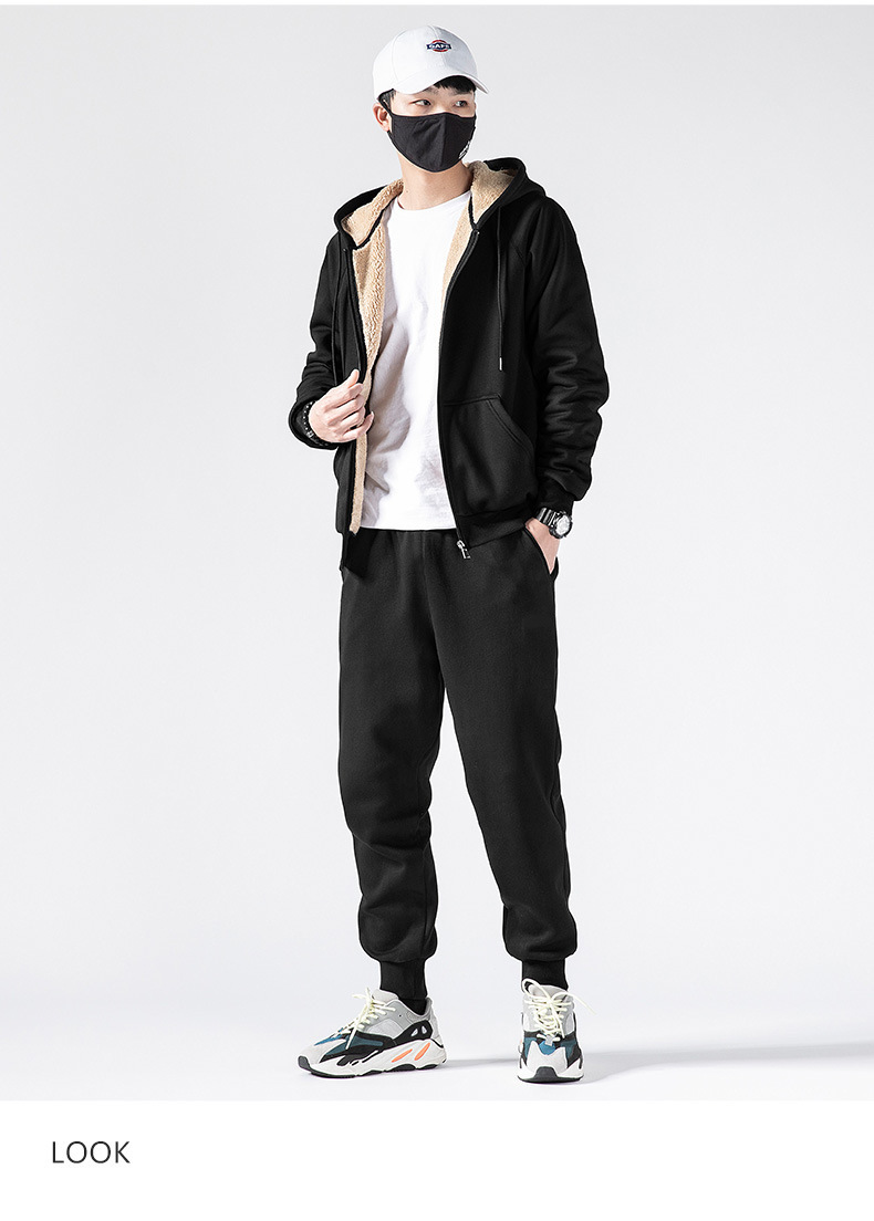 羊羔绒卫衣套装男士冬季加绒加厚一套连帽运动服休闲开衫保暖外套详情8
