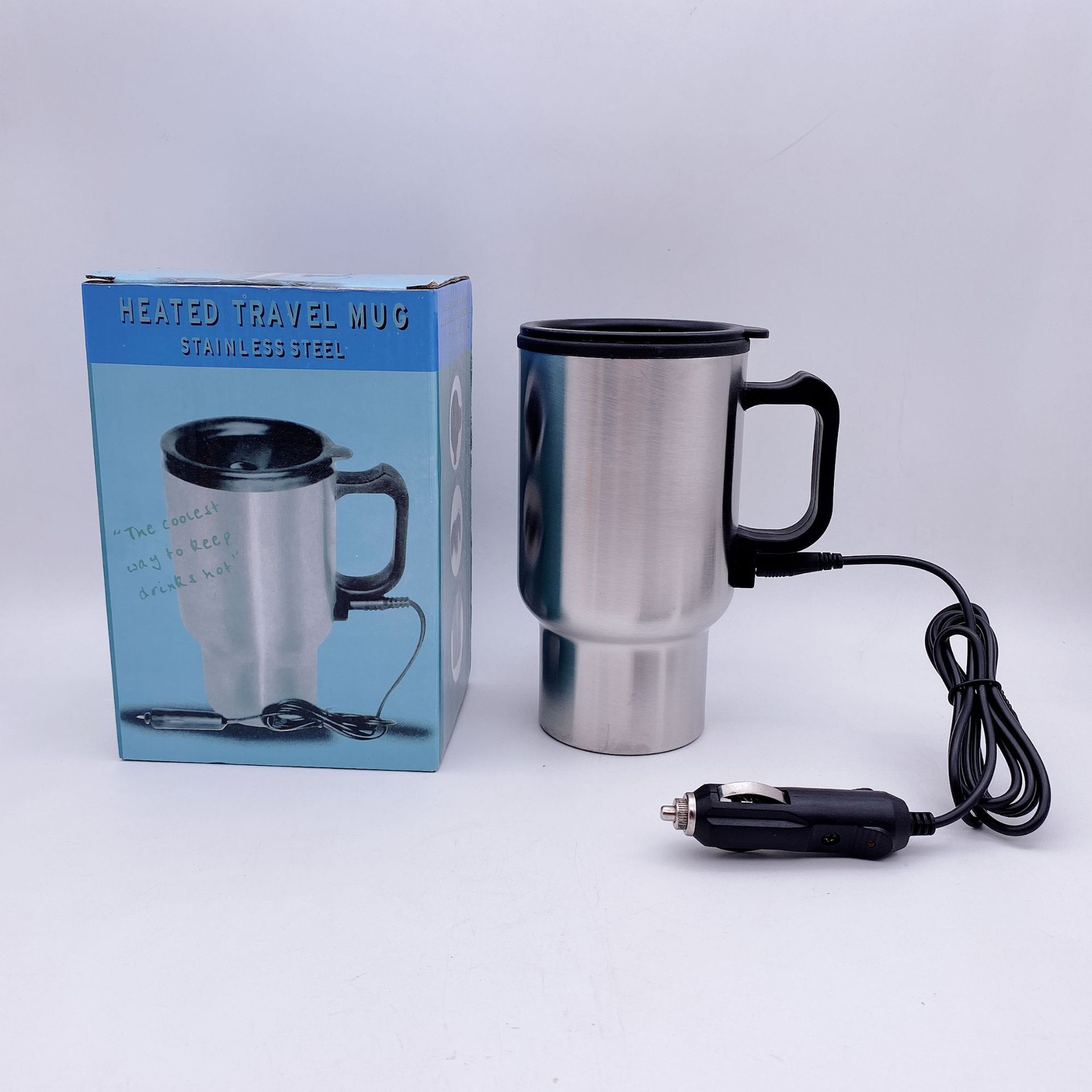 12V inner plastic outer steel car insulated cup, car heating cup, water boiling cup, stainless steel car water kettle pic 1