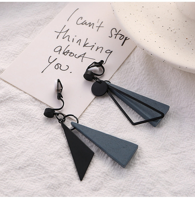 The new Japanese wooden smog blue cold style makes the face slimmer. Asymmetrical black S925 silver needle earrings without ear clips pic 6