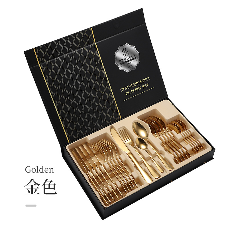 亚马逊1010不锈钢餐具24件餐具套装金色刀叉勺四主件跨境礼盒套装详情20