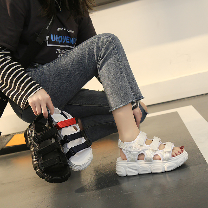 跨镜凉鞋女2025夏季新款韩版学生耐地磨轻便厚底魔术贴松糕鞋批详情36