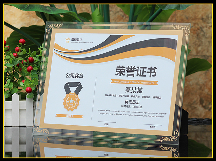 荣誉a4证书框10寸奖状框挂墙创意水晶78寸证件框6寸玻璃相框摆台详情8