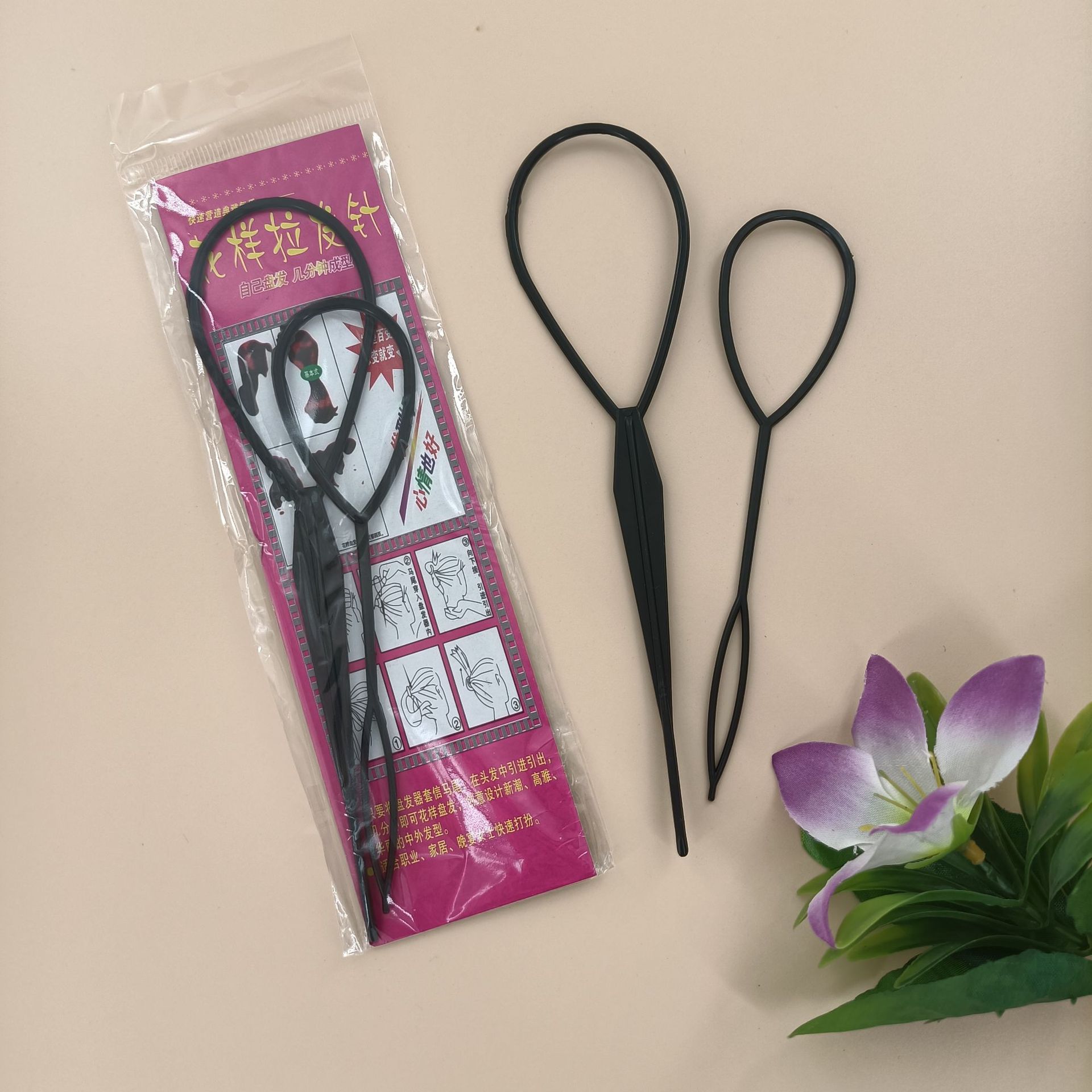 【 Zone 3-10 】 Black 2-piece hair braid set 100/ pack 3200/ box Black hair puller and braid for adults and children Simple braid, hair tying and threading rod set, decorative hair threading needle and hair braid for foreign trade pic 4