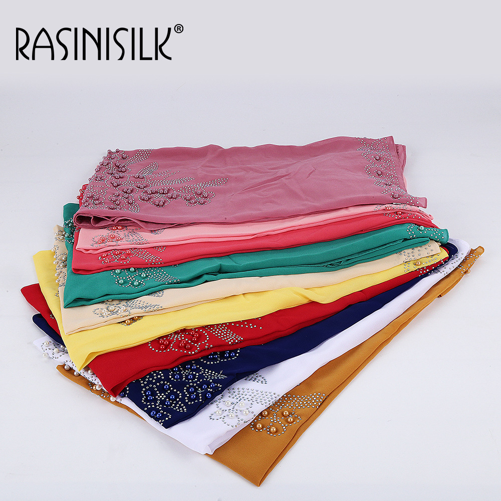 M145厂家烫钻妇女头巾民族风盖头珍珠雪纺围巾流行纱巾素色单色详情2