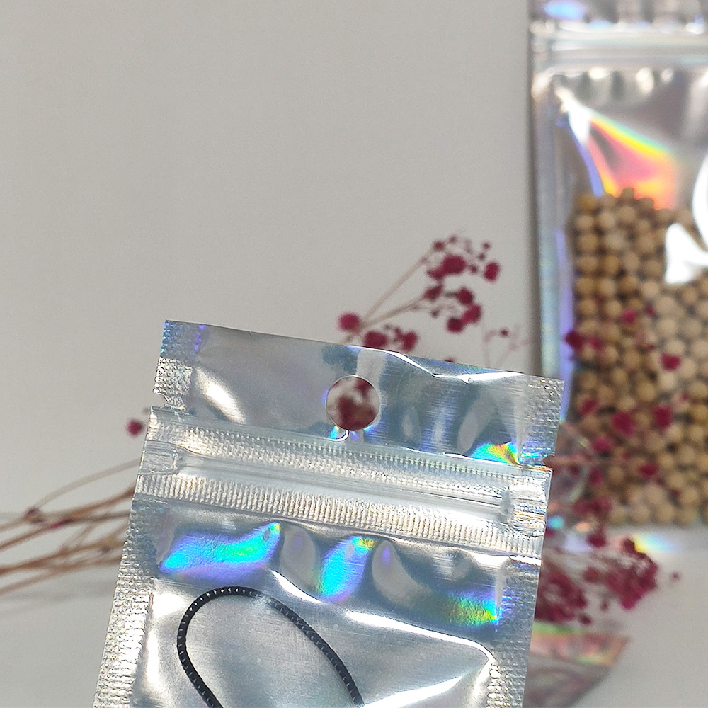 In-stock round-hole hanging hole laser rainbow film aluminum-coated yin-yang self-sealing bags, aluminum foil electronic product packaging zipper bags pic 4