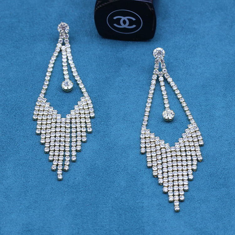 S925银针耳饰欧美时尚镶满钻耳坠简约复古水滴耳钉长款流苏耳环详情10