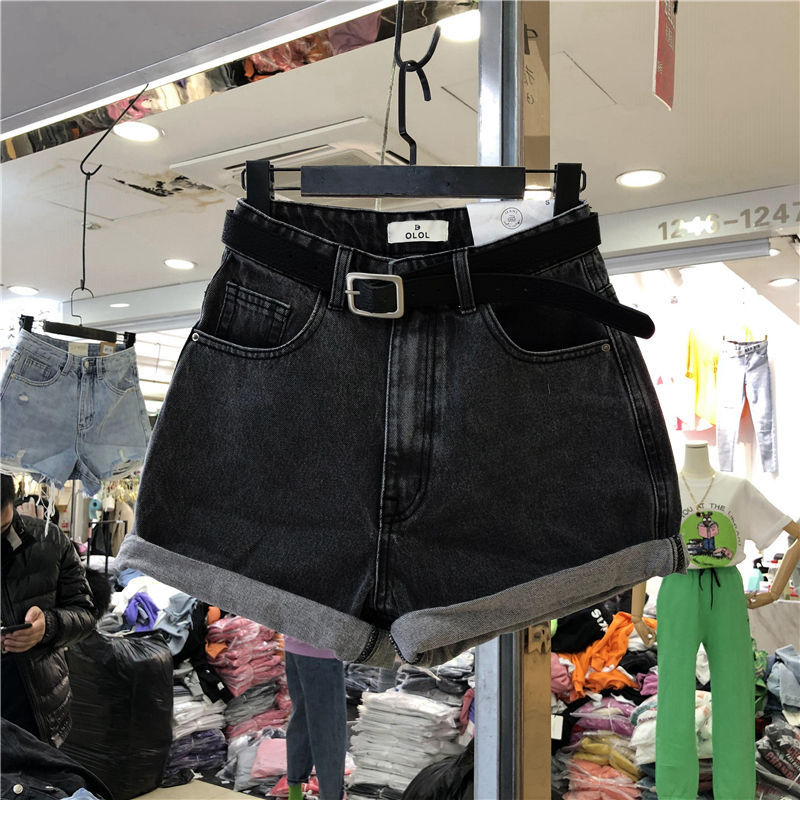 灰色牛仔时尚短裤夏季2022新款高腰阔腿宽松韩版显瘦外a字热裤详情2
