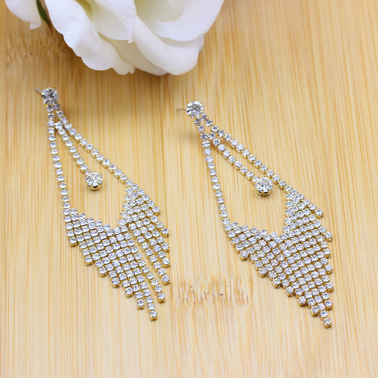 S925银针耳饰欧美时尚镶满钻耳坠简约复古水滴耳钉长款流苏耳环详情7