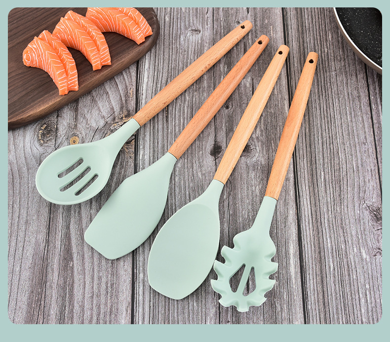 亚马逊烹饪不粘锅收纳桶木柄硅胶厨具12件套硅胶厨房用具铲勺套装详情12