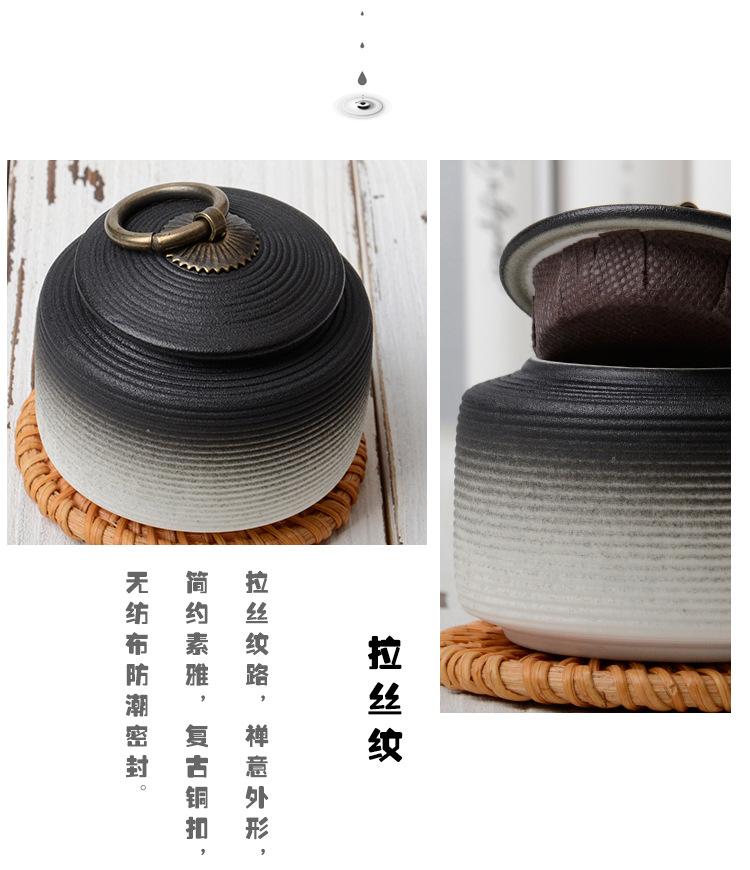 复古粗陶密封罐拉丝无釉醒茶罐防潮普洱茶仓大小号粗陶铜扣茶叶罐详情5
