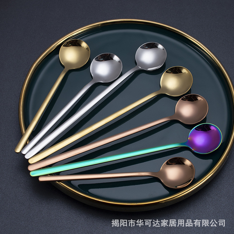 304不锈钢勺子高颜值家用咖啡勺长柄搅拌勺蛋糕甜品勺镀色冰勺详情2