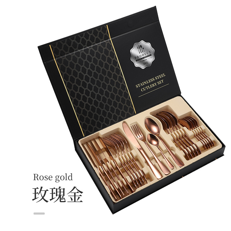 亚马逊1010不锈钢餐具24件餐具套装金色刀叉勺四主件跨境礼盒套装详情19
