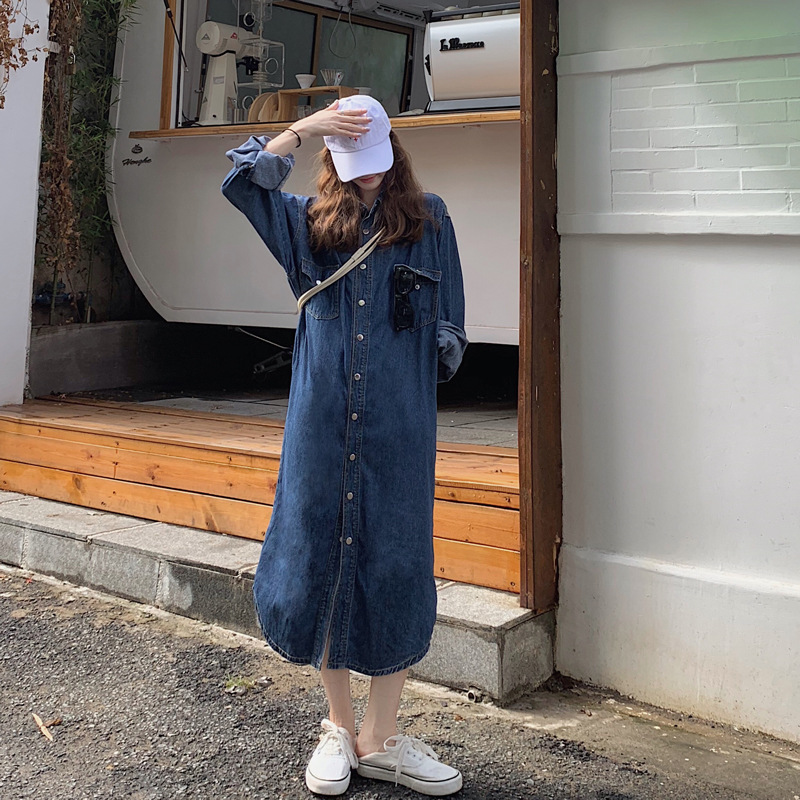 Real photos of homemade long-sleeved denim dress with a design sense, a Korean version slimming dress for women in stock pic 19