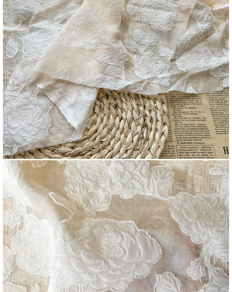 欧根纱浮雕提花纱剪花纱面料挺括蓬蓬裙连衣裙衬衣布料春夏花朵详情11