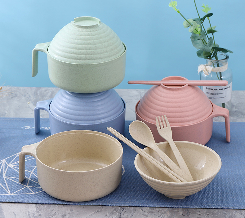 Wholesale wheat straw instant noodle bowls and tableware five-piece sets, instant noodle bowls with LIDS, tableware, large-capacity rice bowls as gifts pic 23