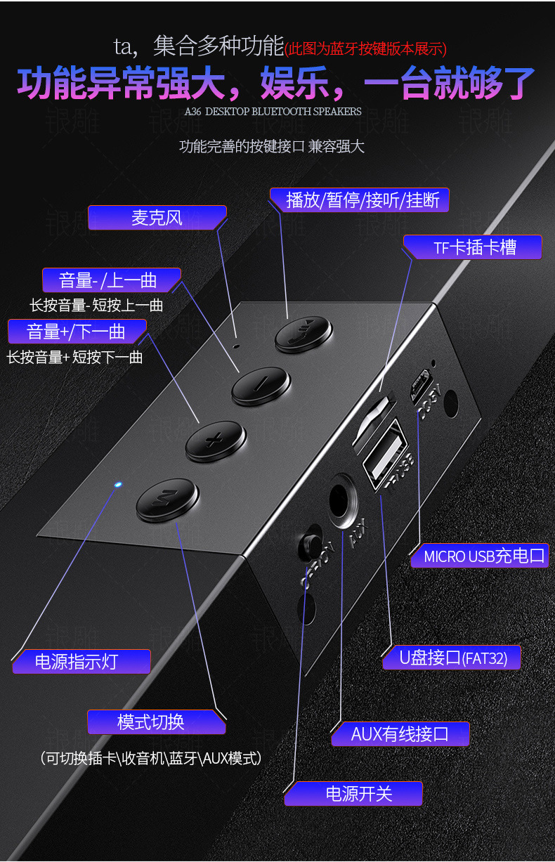 银雕A36电脑蓝牙音响USB智能音箱重低音炮插卡跨境亚马逊私模批发详情15