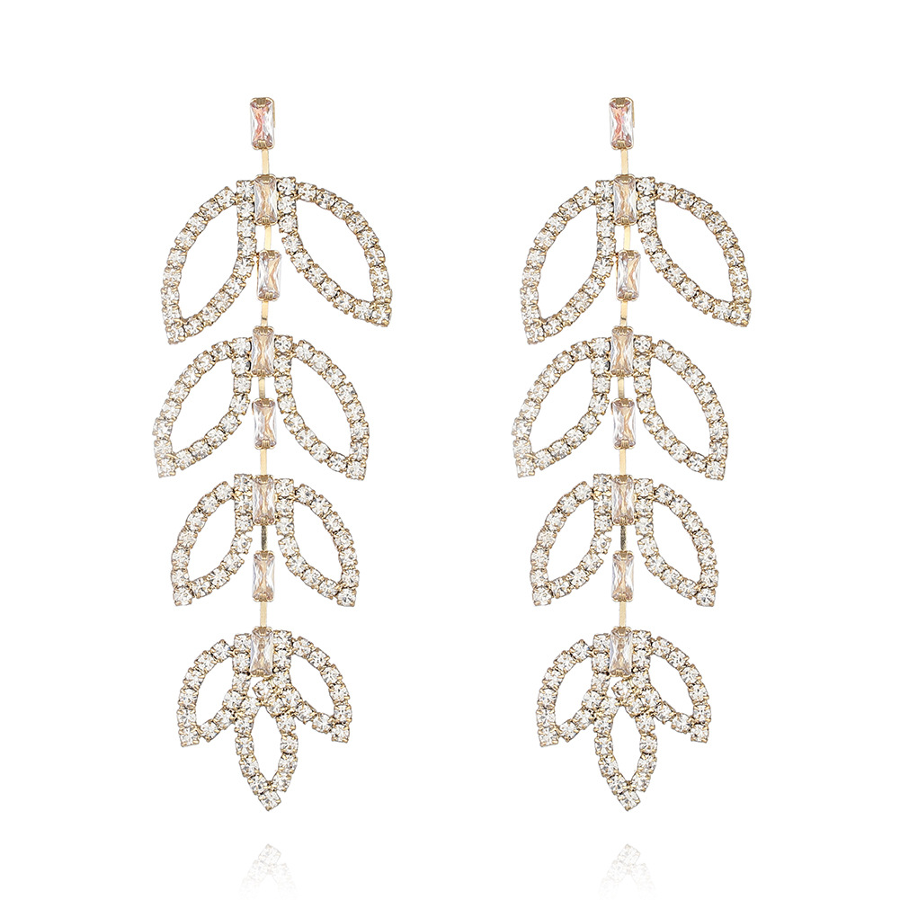 欧美精致镂空树叶流苏叶子耳环 长款夸张超闪满钻气质耳钉详情7