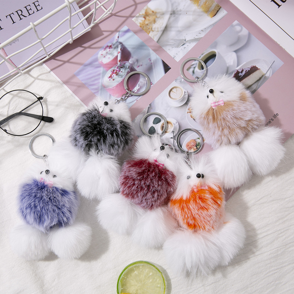 仿獭兔毛球钥匙扣可爱汽车毛绒钥匙扣渐变色学生书包挂件挂饰品详情1