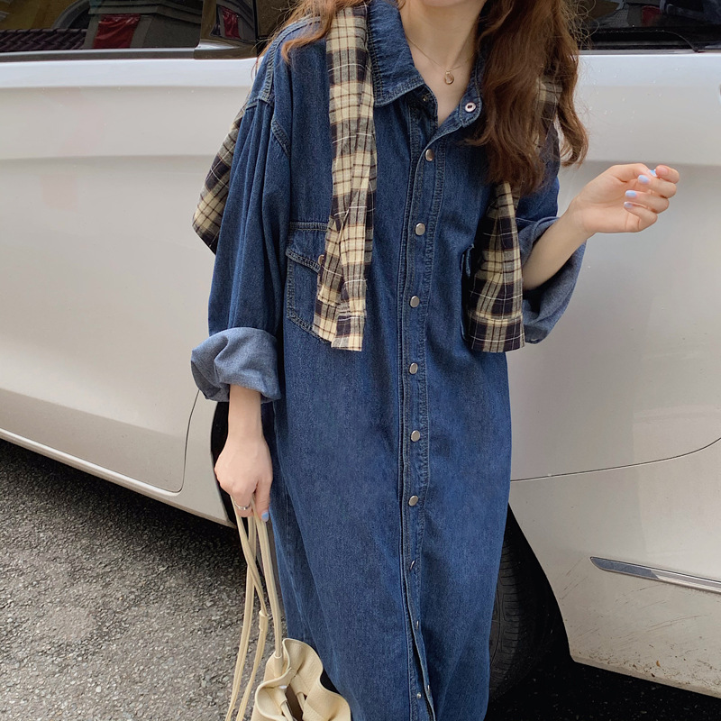 Real photos of homemade long-sleeved denim dress with a design sense, a Korean version slimming dress for women in stock pic 6