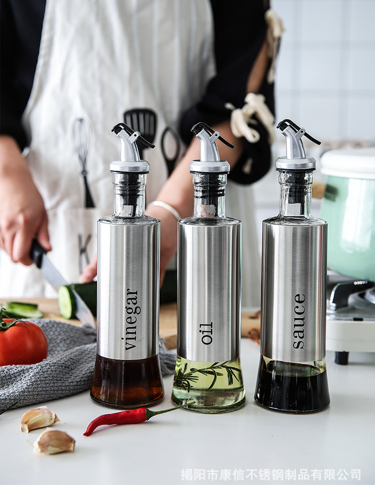 按压式可控玻璃油壶不锈钢套皮油瓶酱油瓶醋壶调味料瓶套装批发详情24